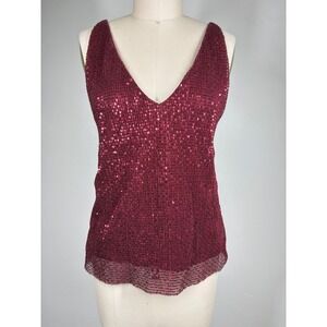 Express Womens Tank Top XS Burgundy Sequin V-Neck Strappy Back Party Glam